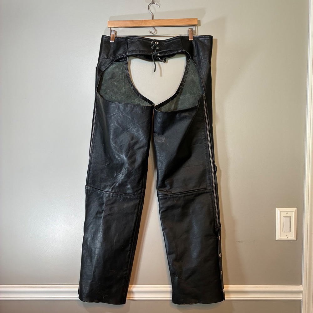Vintage Highway One Black Leather Motorcycle Chaps Adjustable Biker Riding Gear